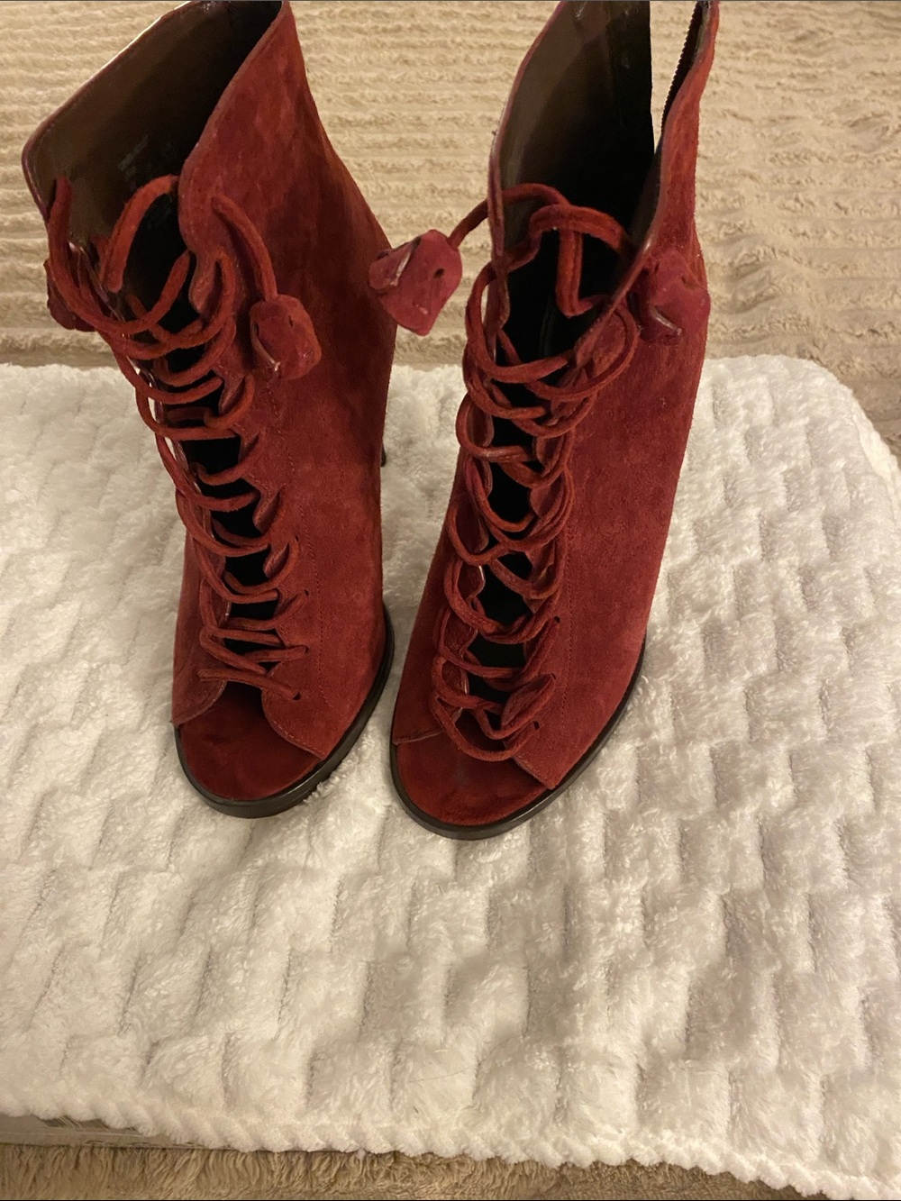 Coach Burgundy Suede Lace-Up Peep-Toe Ankle Boots